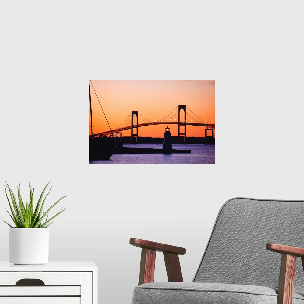 A modern room featuring Newport Bridge and Harbor at sunset, Newport, Rhode Island