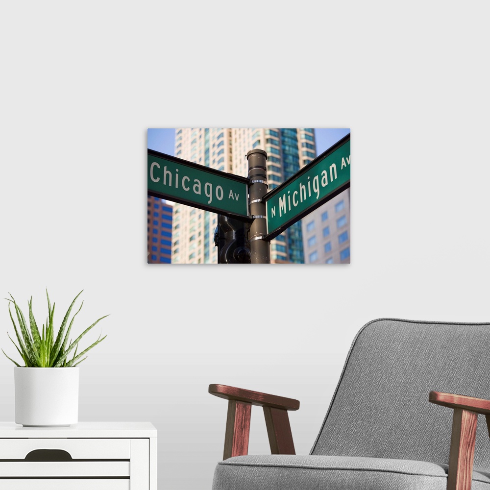 A modern room featuring North Michigan Avenue and Chicago Avenue signpost, Chicago, Illinois