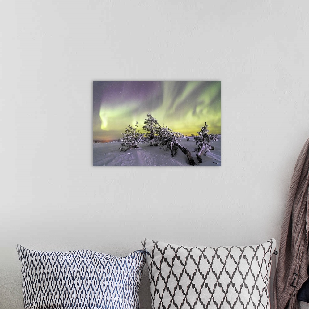 A bohemian room featuring Northern Lights and starry sky on the snowy landscape and the frozen trees, Levi, Sirkka, Kittila...