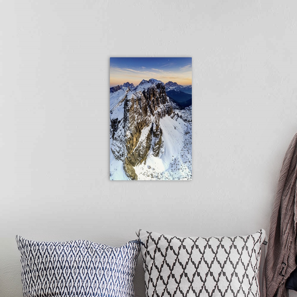 A bohemian room featuring Aerial panoramic of majestic Nuvolau, Monte Pelmo and Civetta covered with snow at sunset, Dolomi...