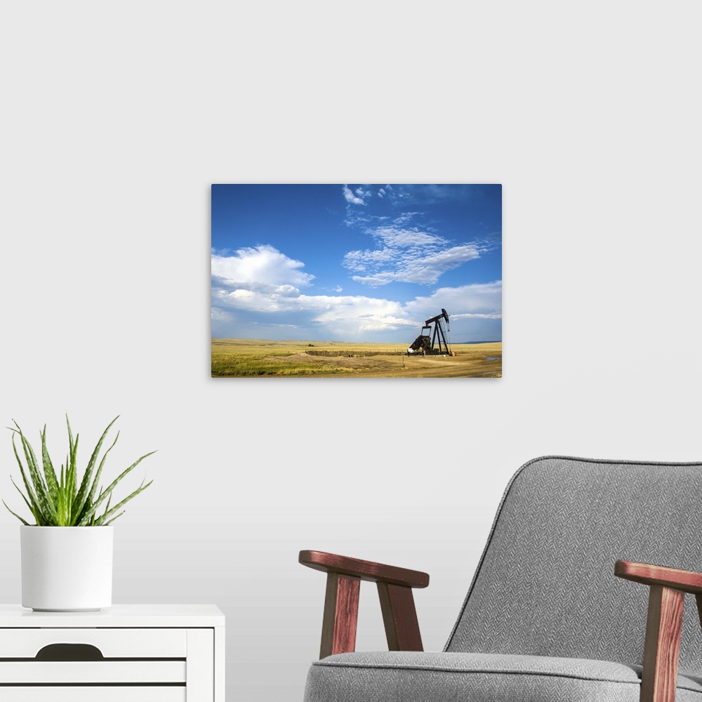 A modern room featuring Oil rig in the savannah of Wyoming, United States of America, North America.