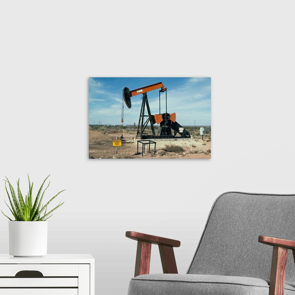 A modern room featuring Oil well pump, near Odessa, Texas, USA