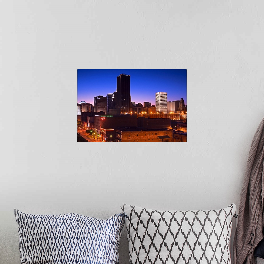 A bohemian room featuring Oklahoma City skyline viewed from Bricktown District, Oklahoma
