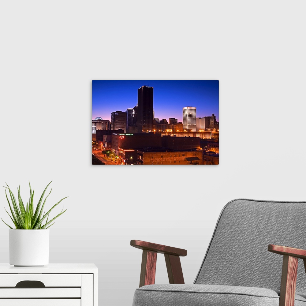 A modern room featuring Oklahoma City skyline viewed from Bricktown District, Oklahoma