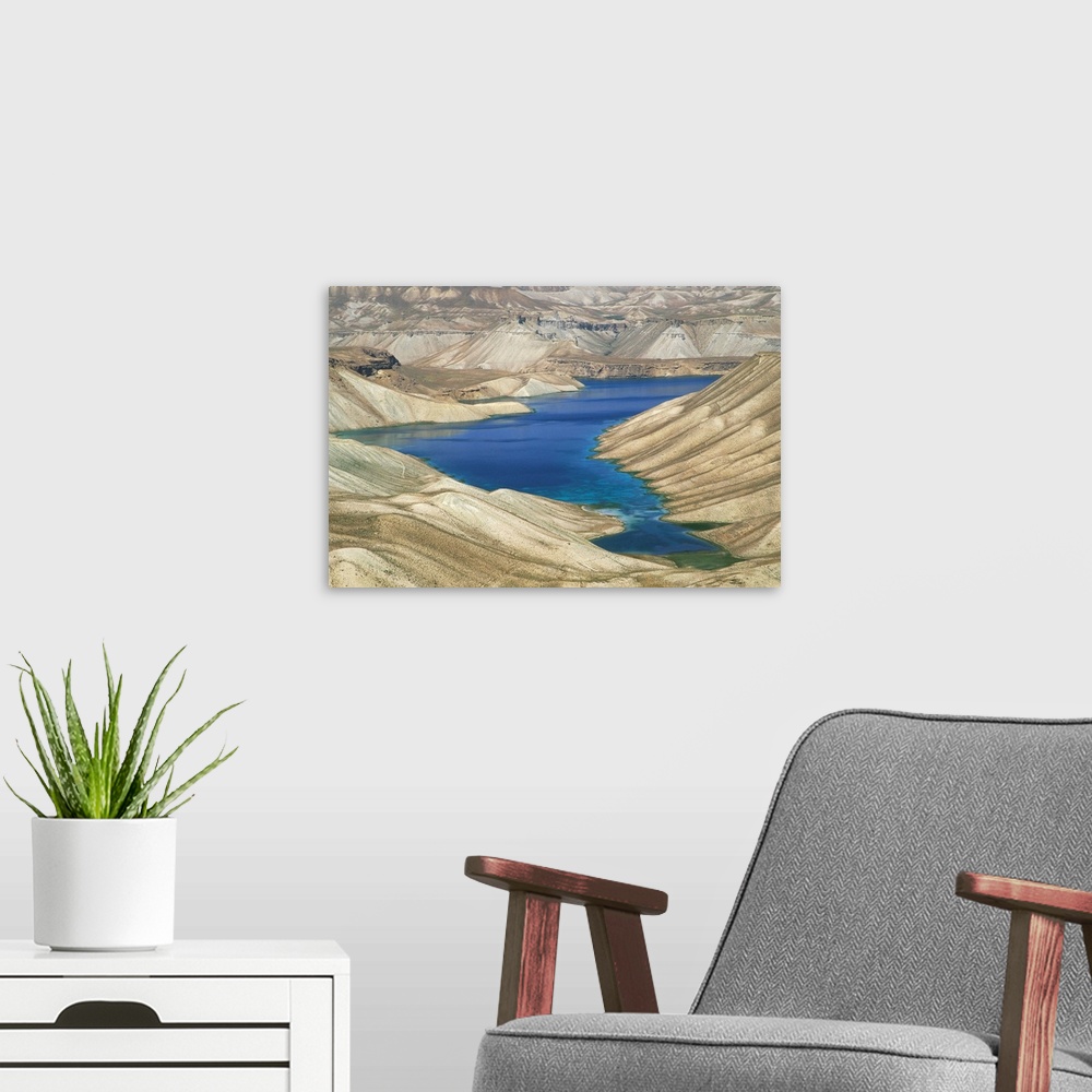 A modern room featuring One of the crater lakes at Band-E-Amir, Afghanistan, Asia
