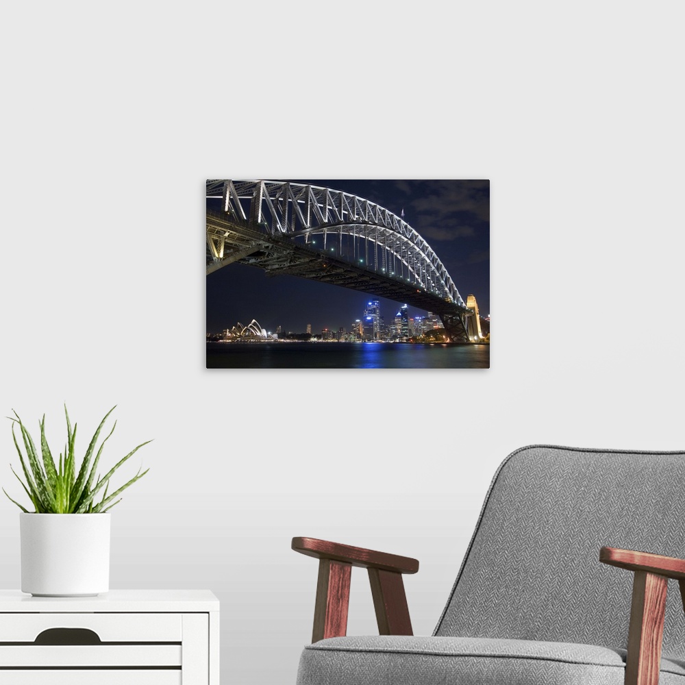 A modern room featuring Opera House and Harbour Bridge at night, Sydney, New South Wales, Australia