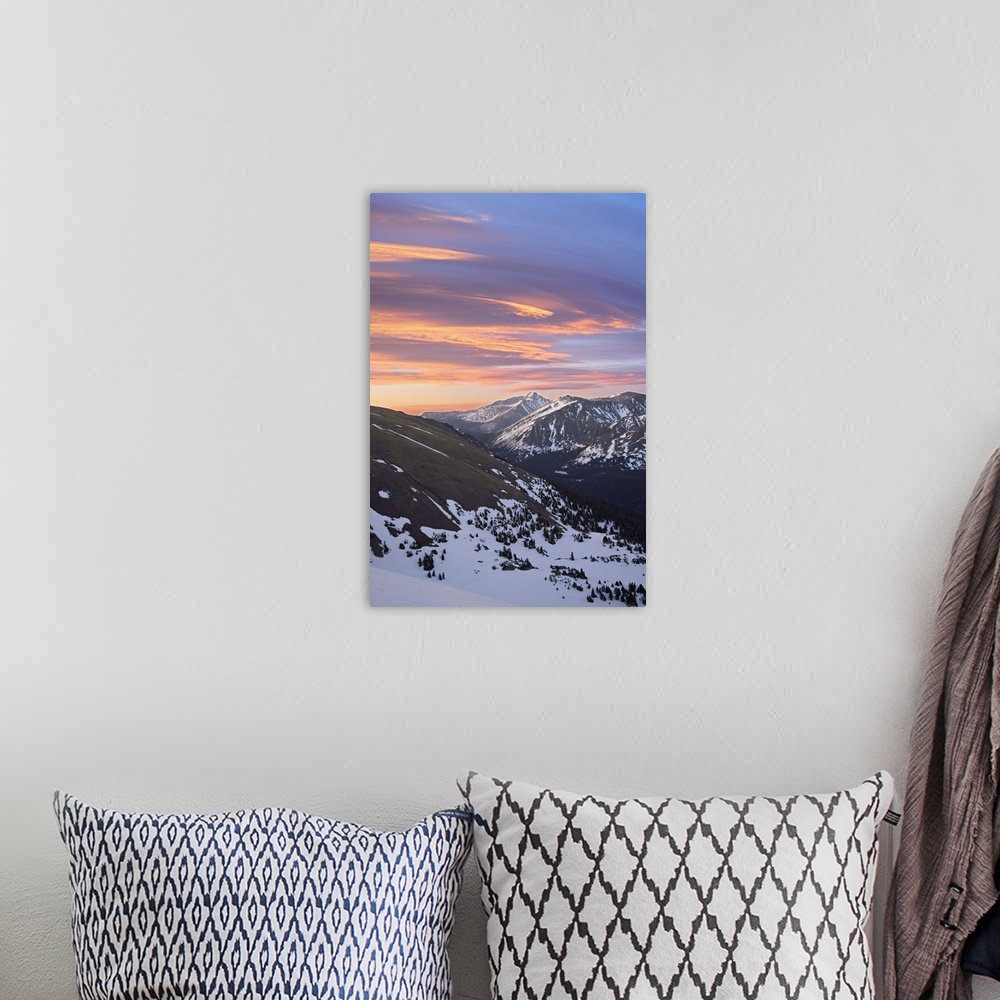 A bohemian room featuring Orange clouds at dawn above Longs Peak, Rocky Mountain National Park, Colorado