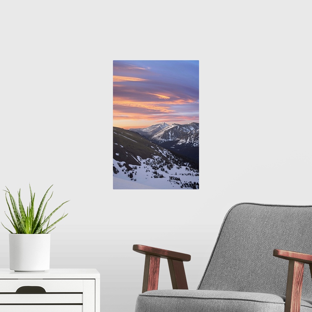 A modern room featuring Orange clouds at dawn above Longs Peak, Rocky Mountain National Park, Colorado