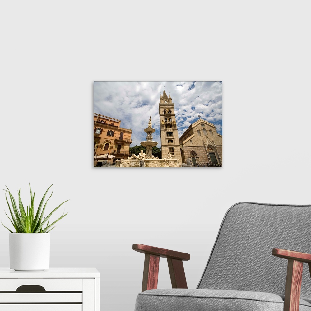 A modern room featuring Orione fountain, Clock Tower and Duomo, Messina, Sicily, Italy