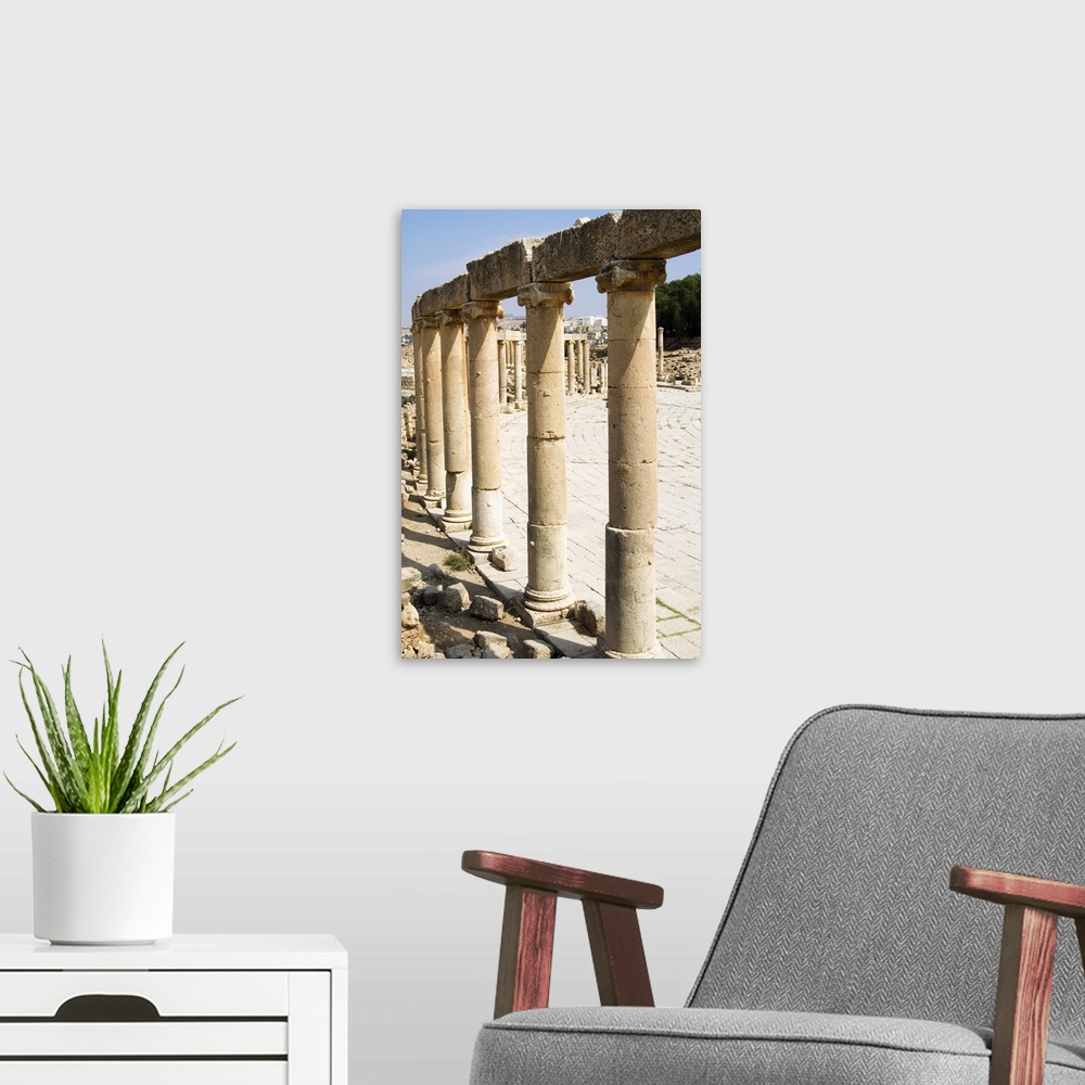 A modern room featuring Oval Plaza, Colonnade and Ionic columns, a Roman Decapolis city, Jordan
