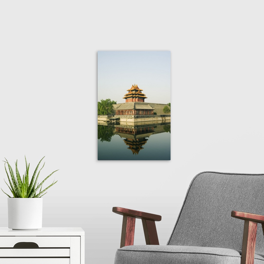 A modern room featuring Palace Wall Tower in the moat of The Forbidden City Palace Museum, Beijing, China