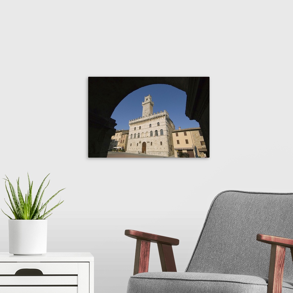 A modern room featuring Palazzo Comunale, Montepulciano, Val d'Orcia, Siena province, Tuscany, Italy