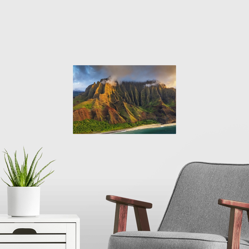 A modern room featuring Pali sea cliffs on the Kalaulau trail, Napali Coast State Park, Kauai Island, Hawaii, United Stat...
