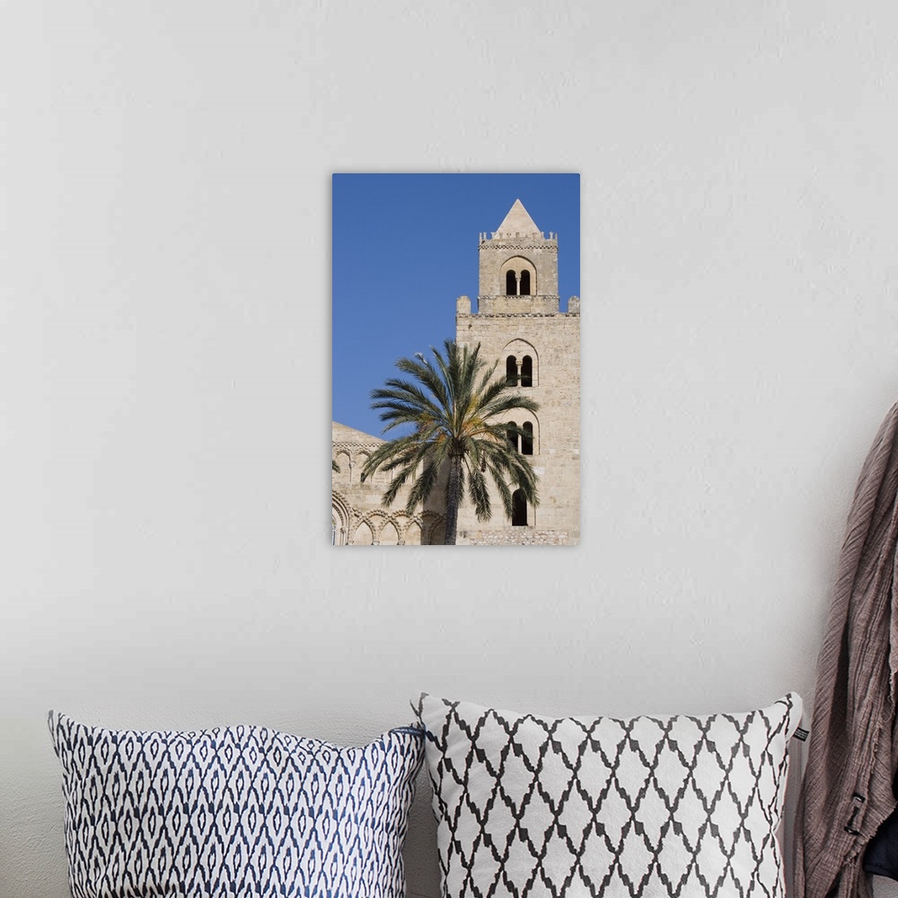 A bohemian room featuring Palm tree, Cathedral, Piazza Duomo, Cefalu, Sicily, Italy, Europe