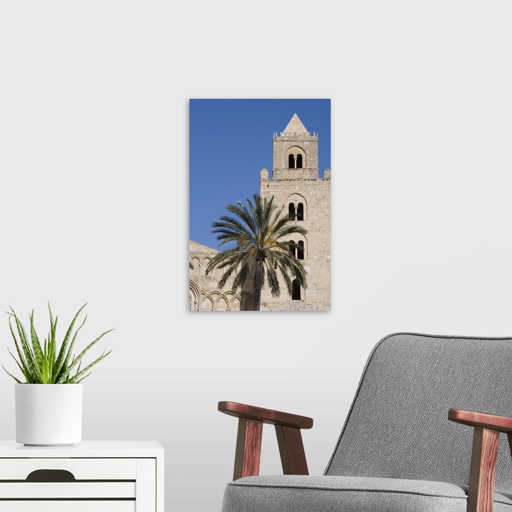 A modern room featuring Palm tree, Cathedral, Piazza Duomo, Cefalu, Sicily, Italy, Europe