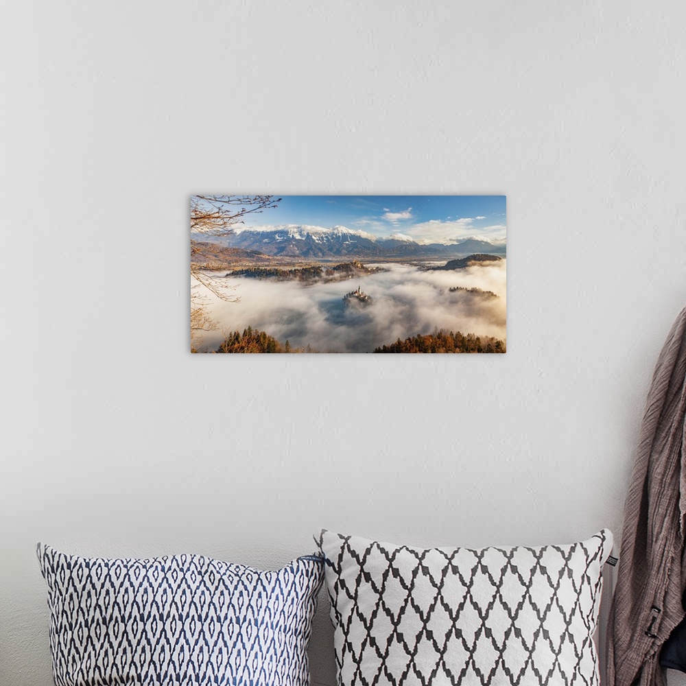 A bohemian room featuring Panorama of Lake Bled in the Julian Alps of the Upper Carniolan region, northwestern Slovenia, Eu...