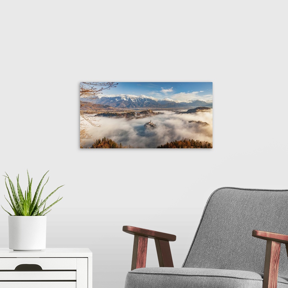 A modern room featuring Panorama of Lake Bled in the Julian Alps of the Upper Carniolan region, northwestern Slovenia, Eu...