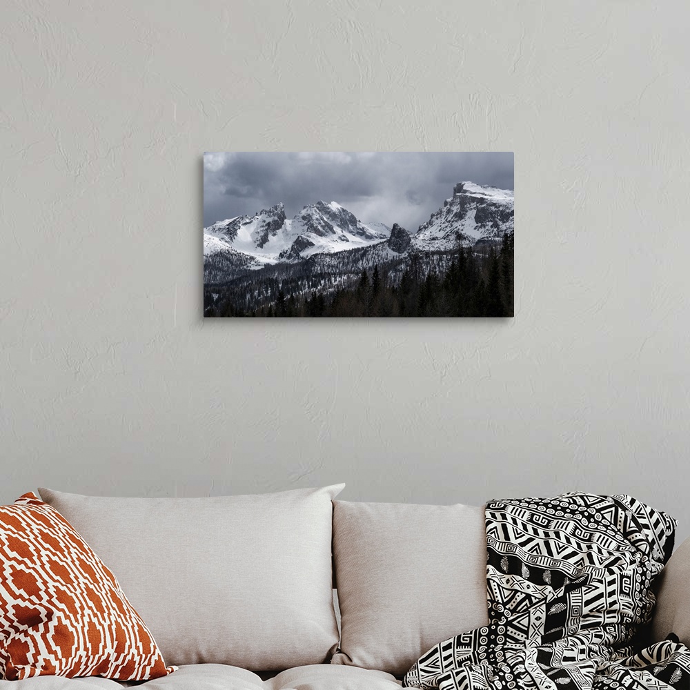 A bohemian room featuring Panorama of Monte Cernera and Ra Gusela mountains at Passo Giau covered by snow, Dolomites, Bellu...