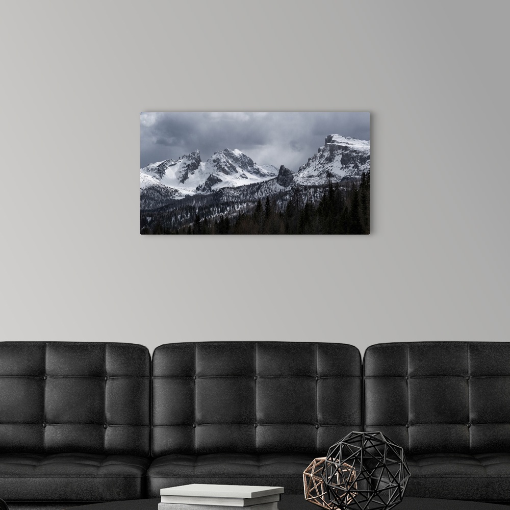 A modern room featuring Panorama of Monte Cernera and Ra Gusela mountains at Passo Giau covered by snow, Dolomites, Bellu...