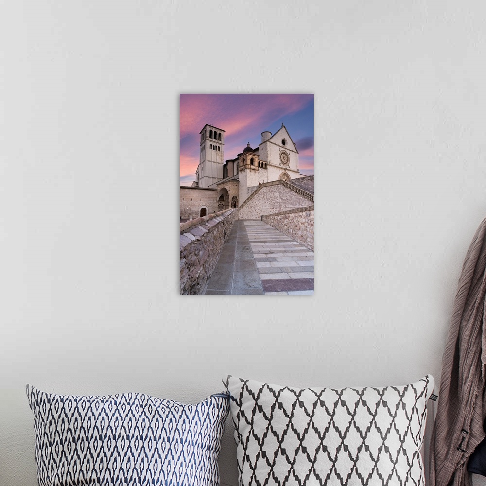 A bohemian room featuring Pink sunrise over the Papal Basilica of Saint Francis in Assisi, UNESCO World Heritage Site, Peru...