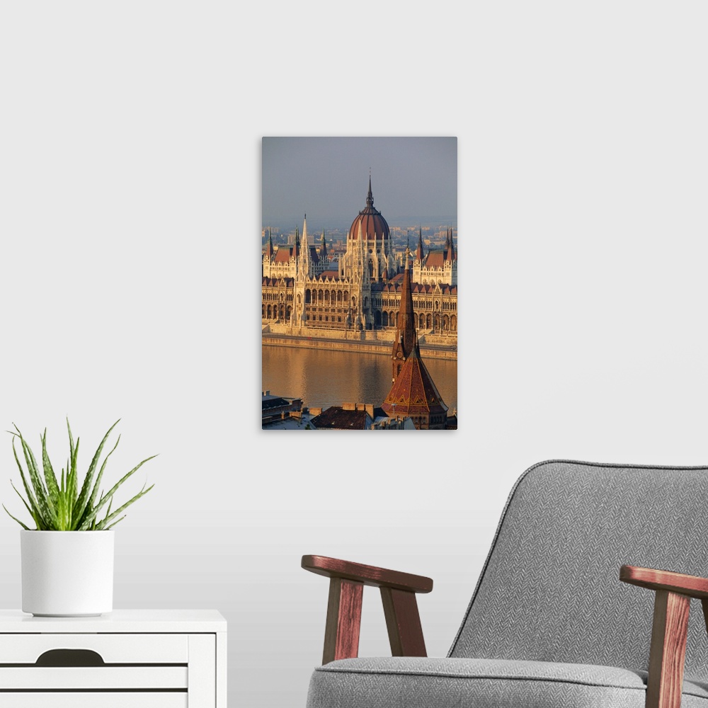 A modern room featuring Parliament building and the Danube River from the Castle district, Budapest, Hungary