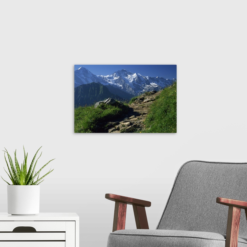 A modern room featuring Path to snow covered summit of the Jungfrau, Schynige Platte, Bern, Switzerland
