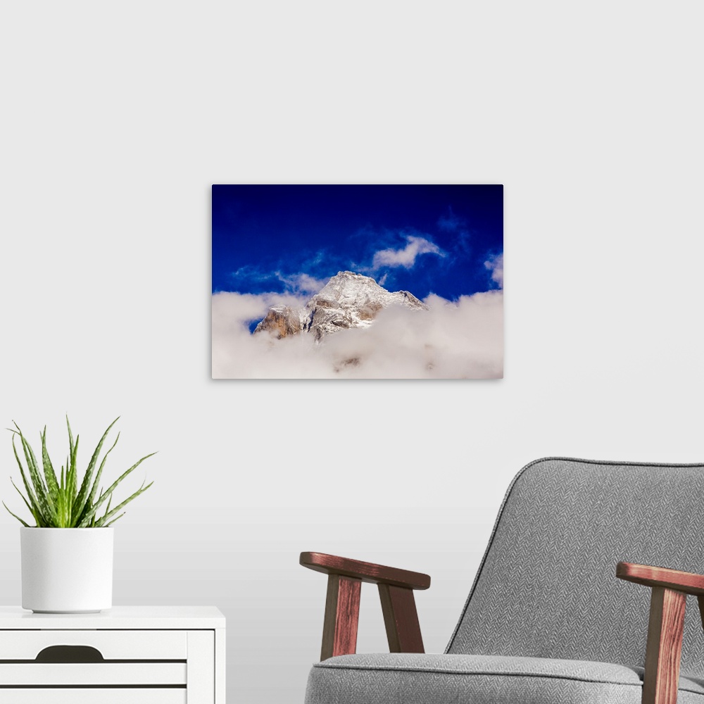 A modern room featuring Peak of Mount Everest peeking through the clouds, Sagarmartha National Park, Himalayas, Nepal