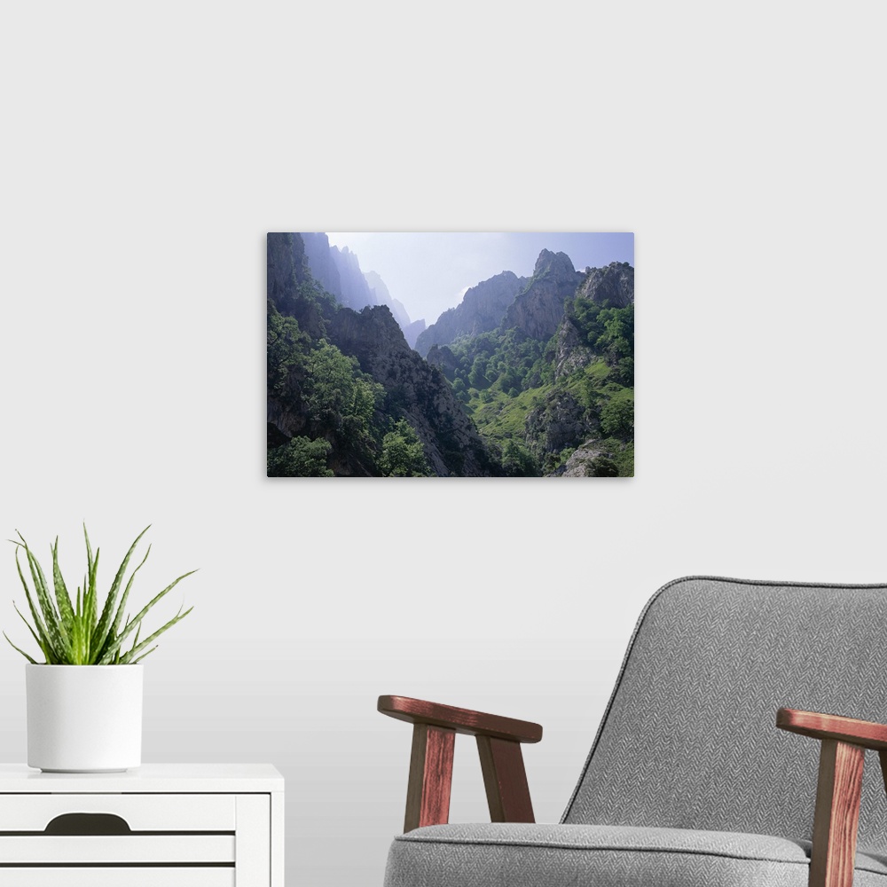 A modern room featuring Peaks and high valleys on the side of the Cares Gorge, Cantabria, Spain