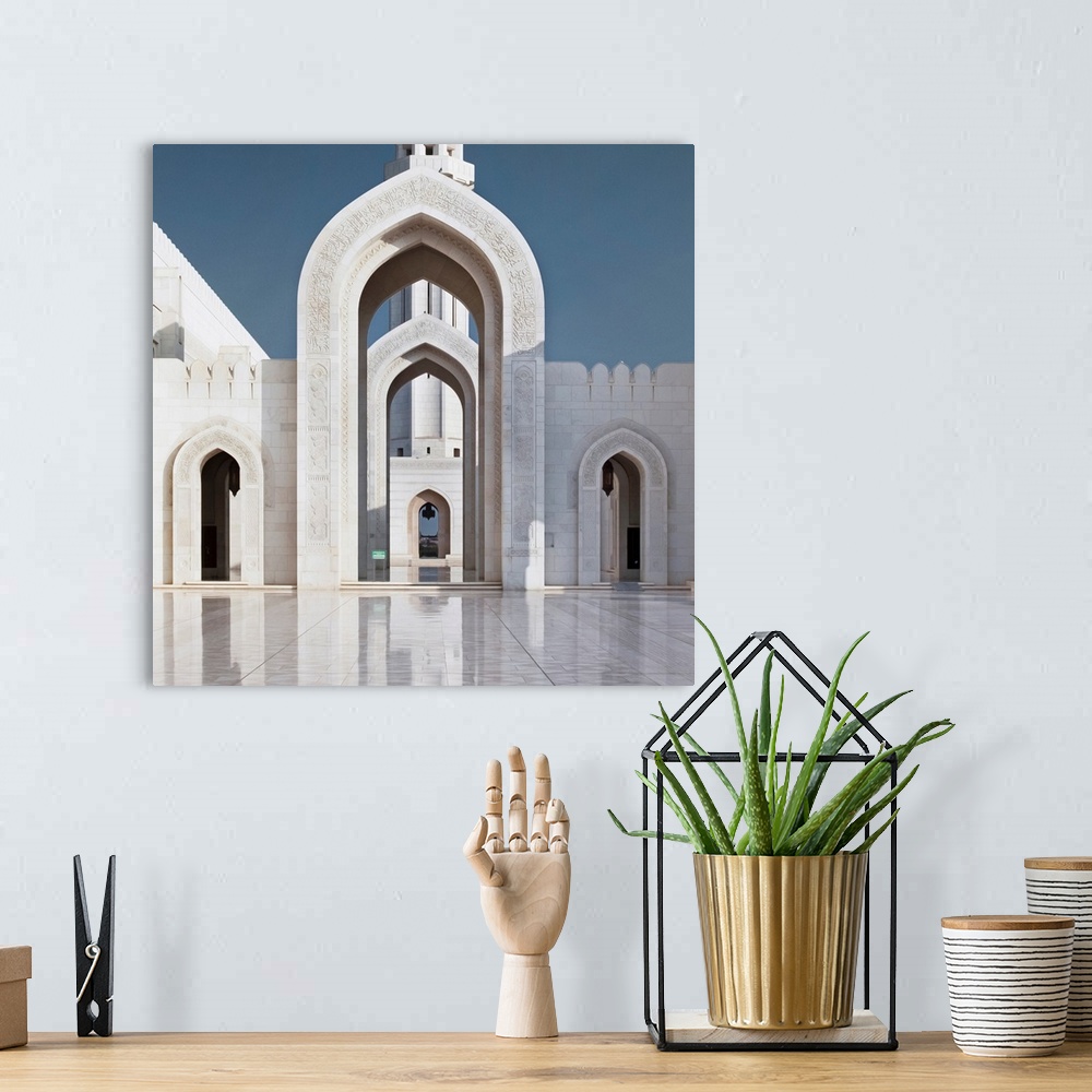 A bohemian room featuring Perspective on arches and minaret of Sultan Qaboos Mosque, Muscat, Oman, Middle East