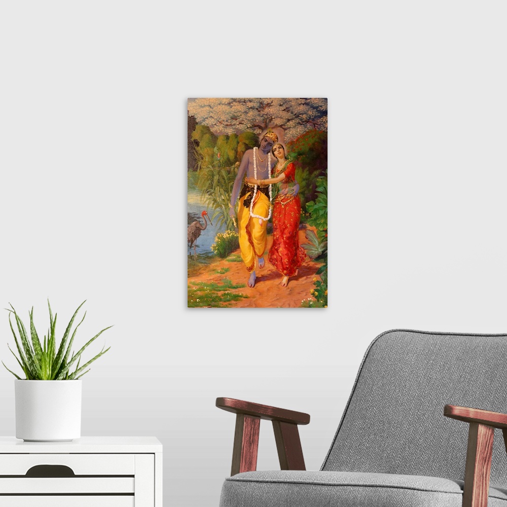 A modern room featuring Picture of Krishna and Radha displayed in an ISKCON temple, Sarcelles, Seine St. Denis, France, E...