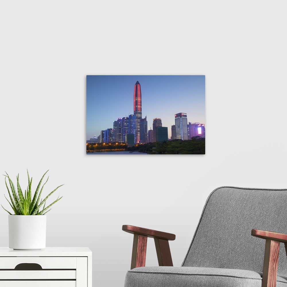 A modern room featuring Ping An International Finance Centre, world's fourth tallest building in 2017 at 600m, and Civic ...