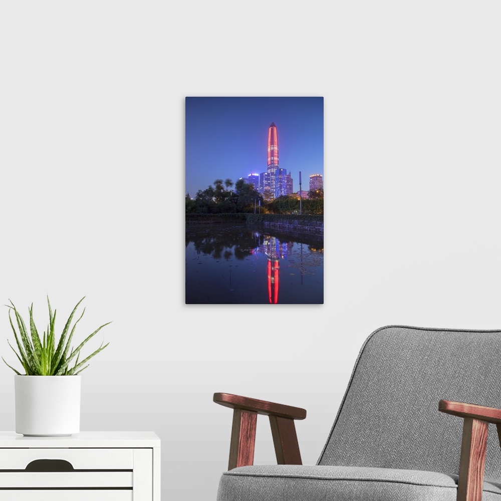 A modern room featuring Ping An International Finance Centre, world's fourth tallest building in 2017 at 600m, Futian, Sh...