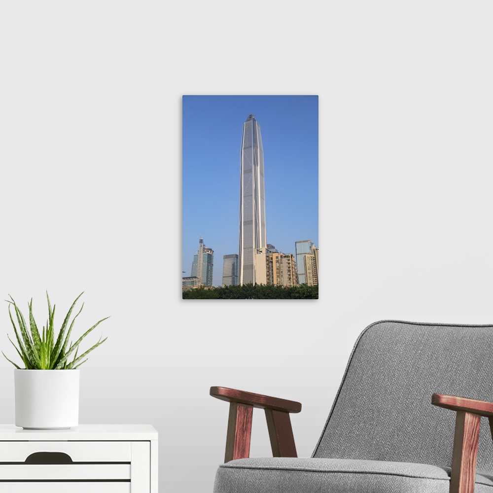 A modern room featuring Ping An International Finance Centre, world's fourth tallest building in 2017 at 600m, Futian, Sh...