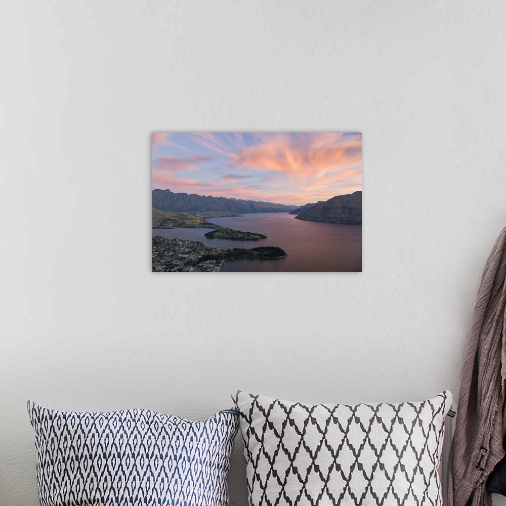 A bohemian room featuring Pink clouds over Lake Wakatipu and the Remarkables, dusk, Queenstown, Queenstown-Lakes district, ...