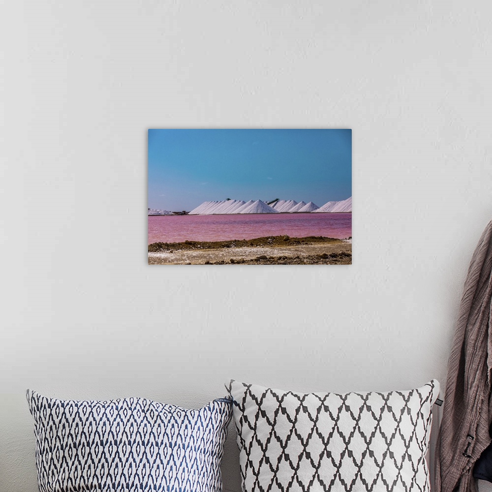 A bohemian room featuring View of the pink colored ocean overlooking the Salt Pyramids of Bonaire from afar, Bonaire, Nethe...