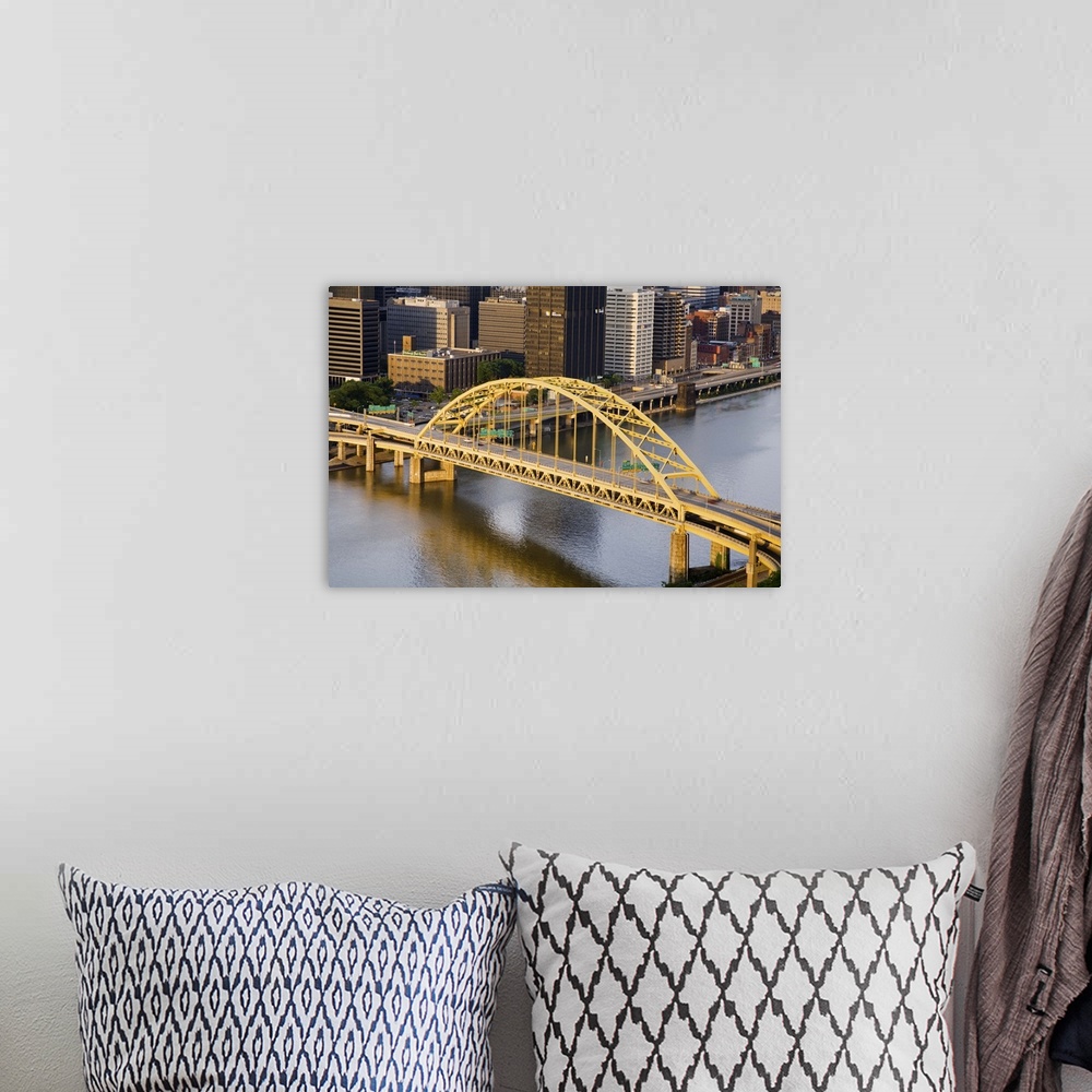 A bohemian room featuring Pittsburgh skyline and Fort Pitt Bridge over the Monongahela River, Pennsylvania
