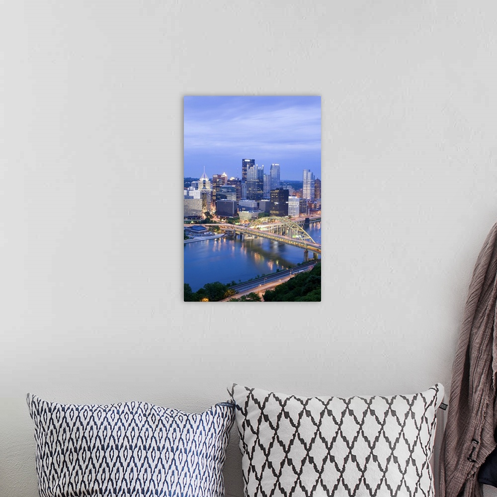 A bohemian room featuring Pittsburgh skyline and Fort Pitt Bridge over the Monongahela River, Pennsylvania