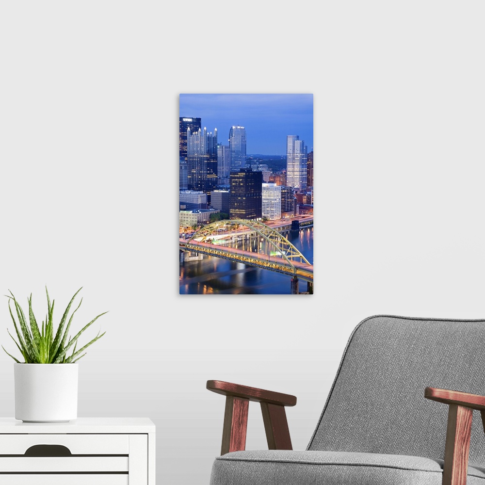 A modern room featuring Pittsburgh skyline and Fort Pitt Bridge over the Monongahela River, Pennsylvania