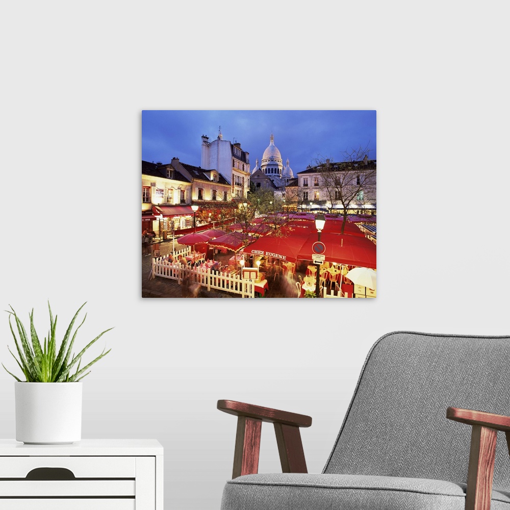 A modern room featuring Place du Tertre at night, Montmartre, Paris, France, Europe
