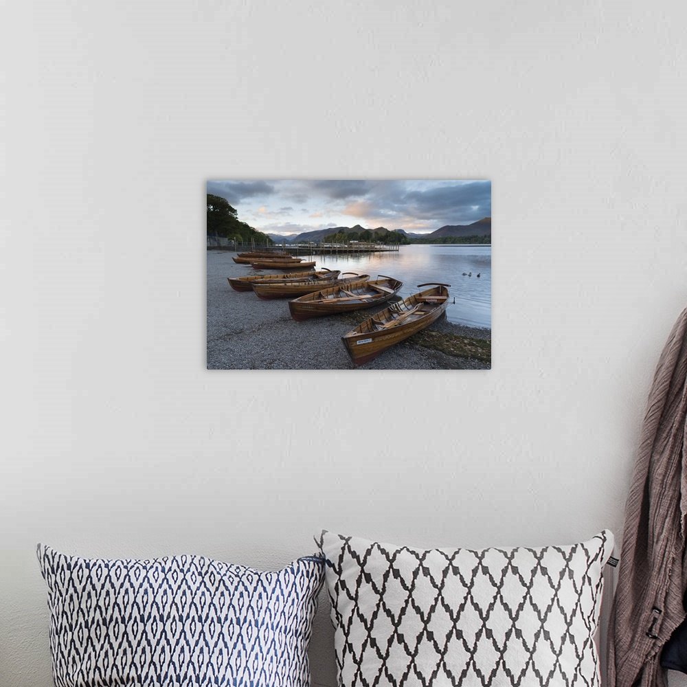 A bohemian room featuring Pleasure boats on the shore at Derwentwater, Lake District National Park, Cumbria, England