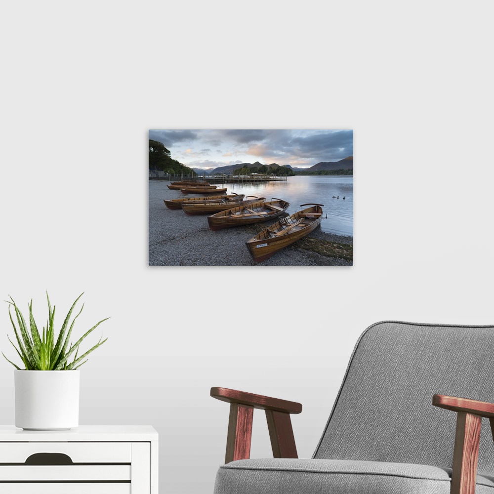 A modern room featuring Pleasure boats on the shore at Derwentwater, Lake District National Park, Cumbria, England