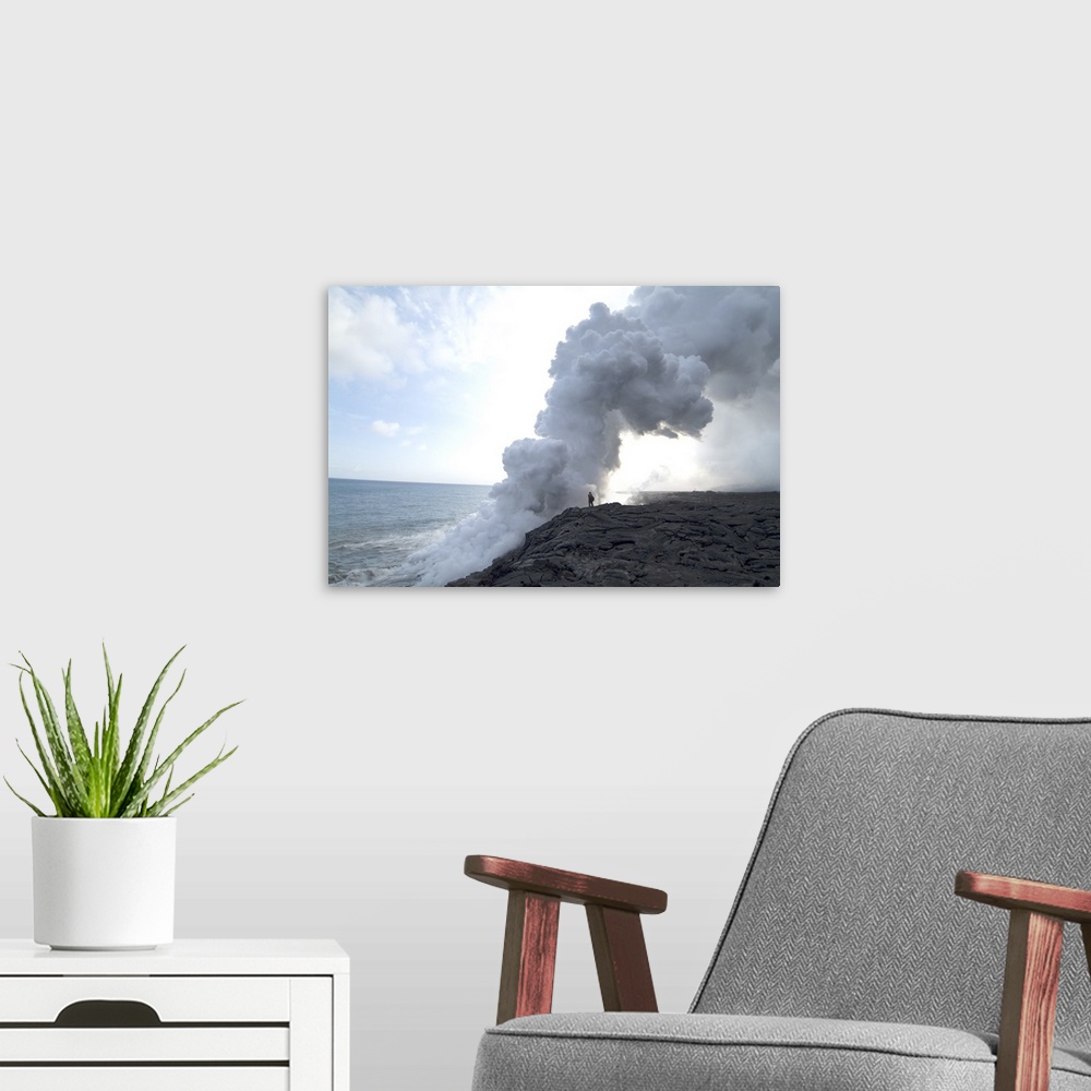 A modern room featuring Plumes of steam where the lava reaches the sea, Kilauea Volcano, Hawaii