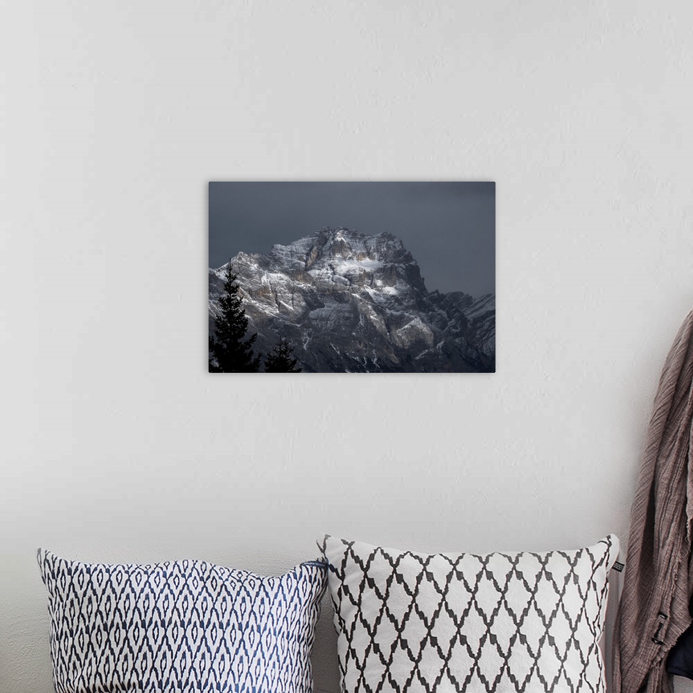 A bohemian room featuring Pomagagnon mountain covered by pristine snow on a cloudy day, Dolomites, Belluno, Veneto, Italy, ...