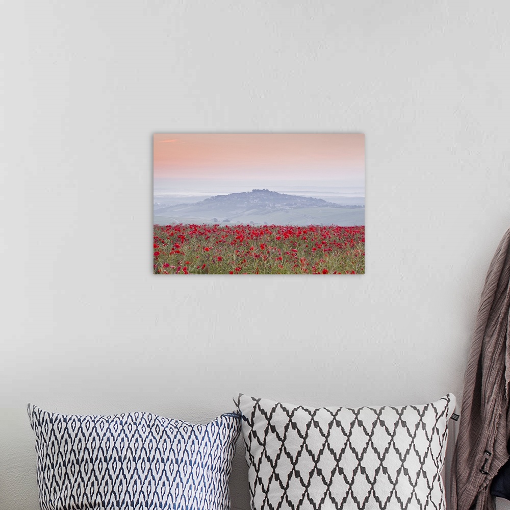A bohemian room featuring A colourful display of poppies above the village of Sancerre in the Loire Valley, Cher, Centre, F...