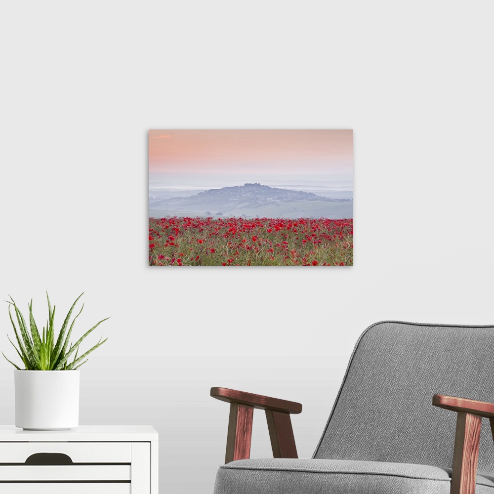 A modern room featuring A colourful display of poppies above the village of Sancerre in the Loire Valley, Cher, Centre, F...