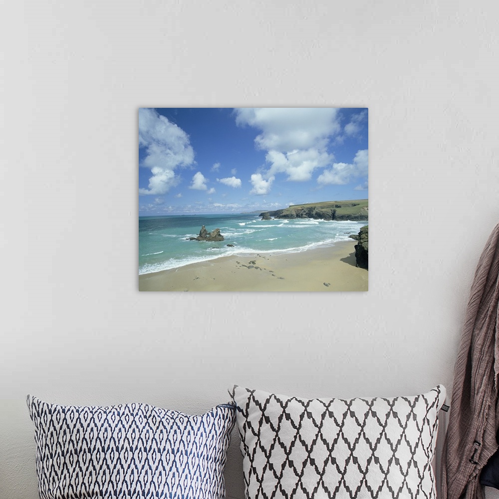 A bohemian room featuring Porthcothan Bay with Trevose Head in background, Cornwall, England, UK