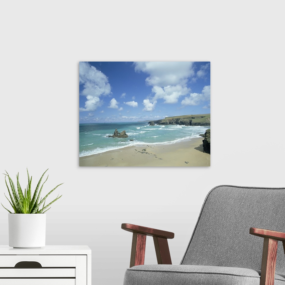 A modern room featuring Porthcothan Bay with Trevose Head in background, Cornwall, England, UK