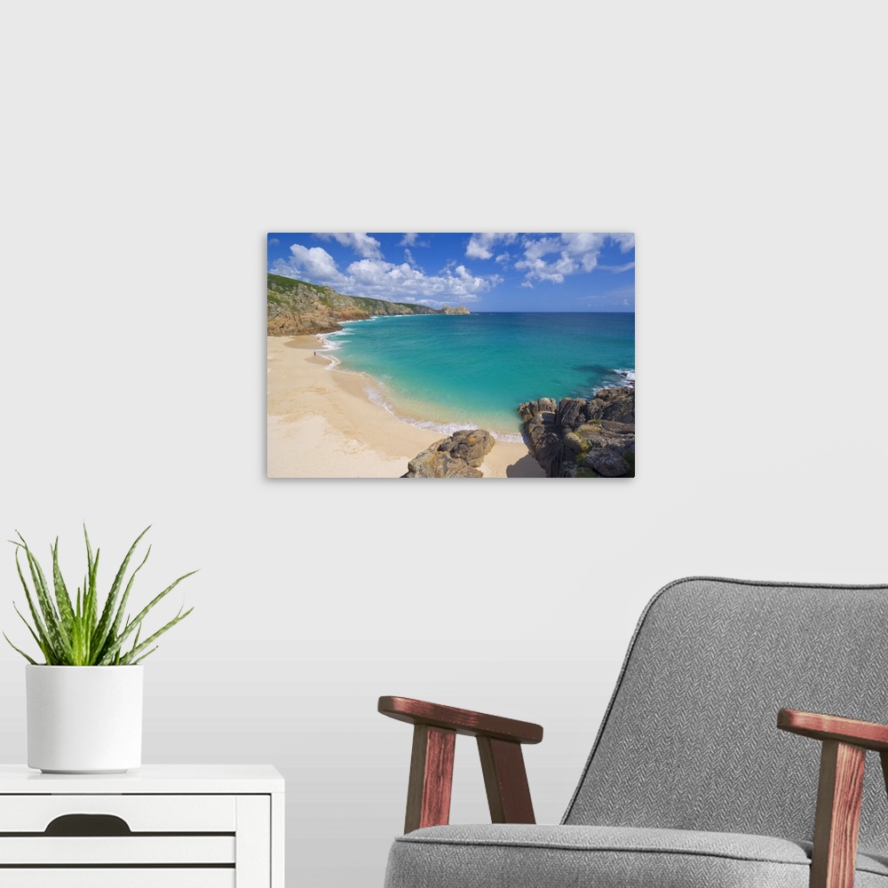 A modern room featuring Porthcurno beach, Cornwall, England, UK
