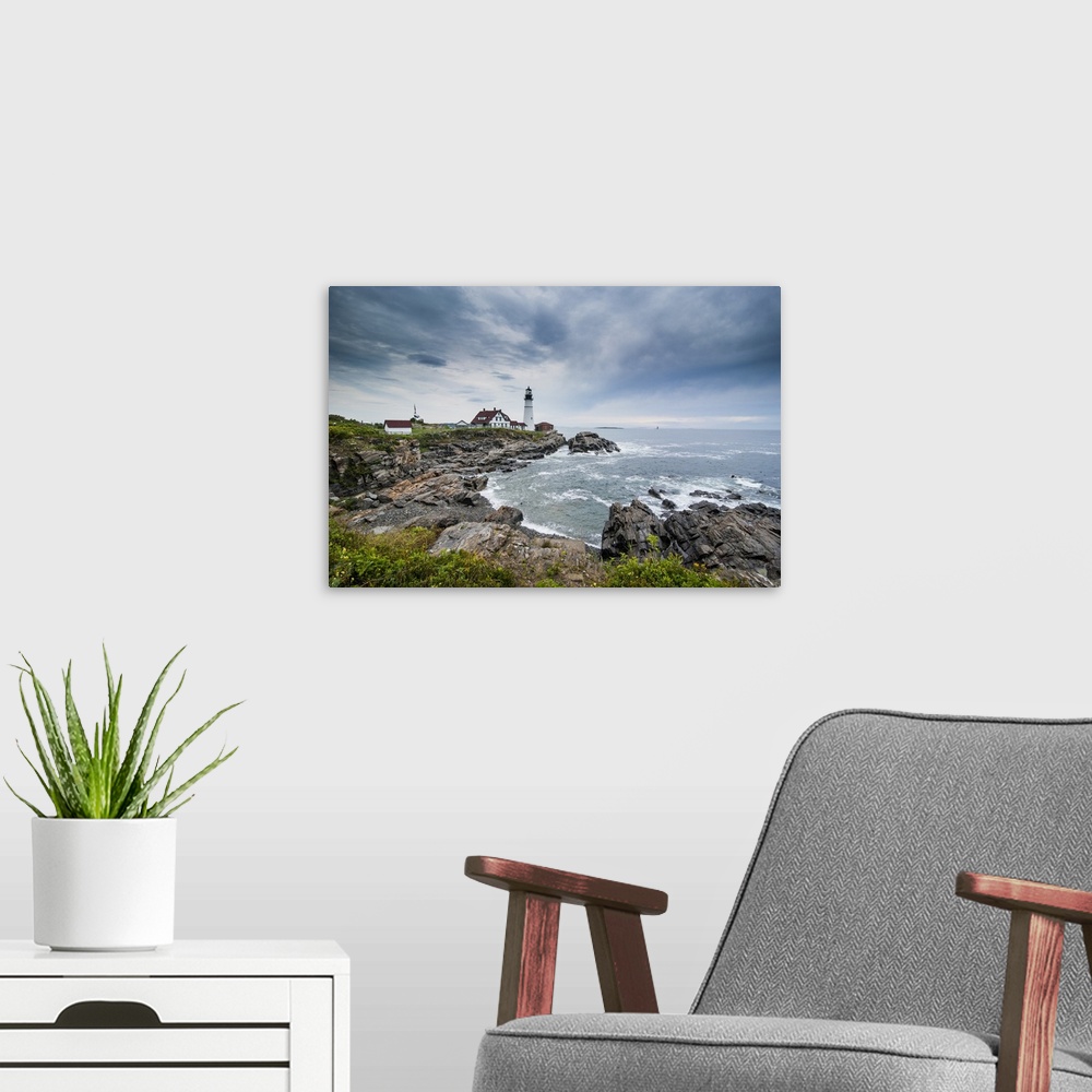 A modern room featuring Portland Head Light, historic lighthouse in Cape Elizabeth, Maine, New England, United States of ...