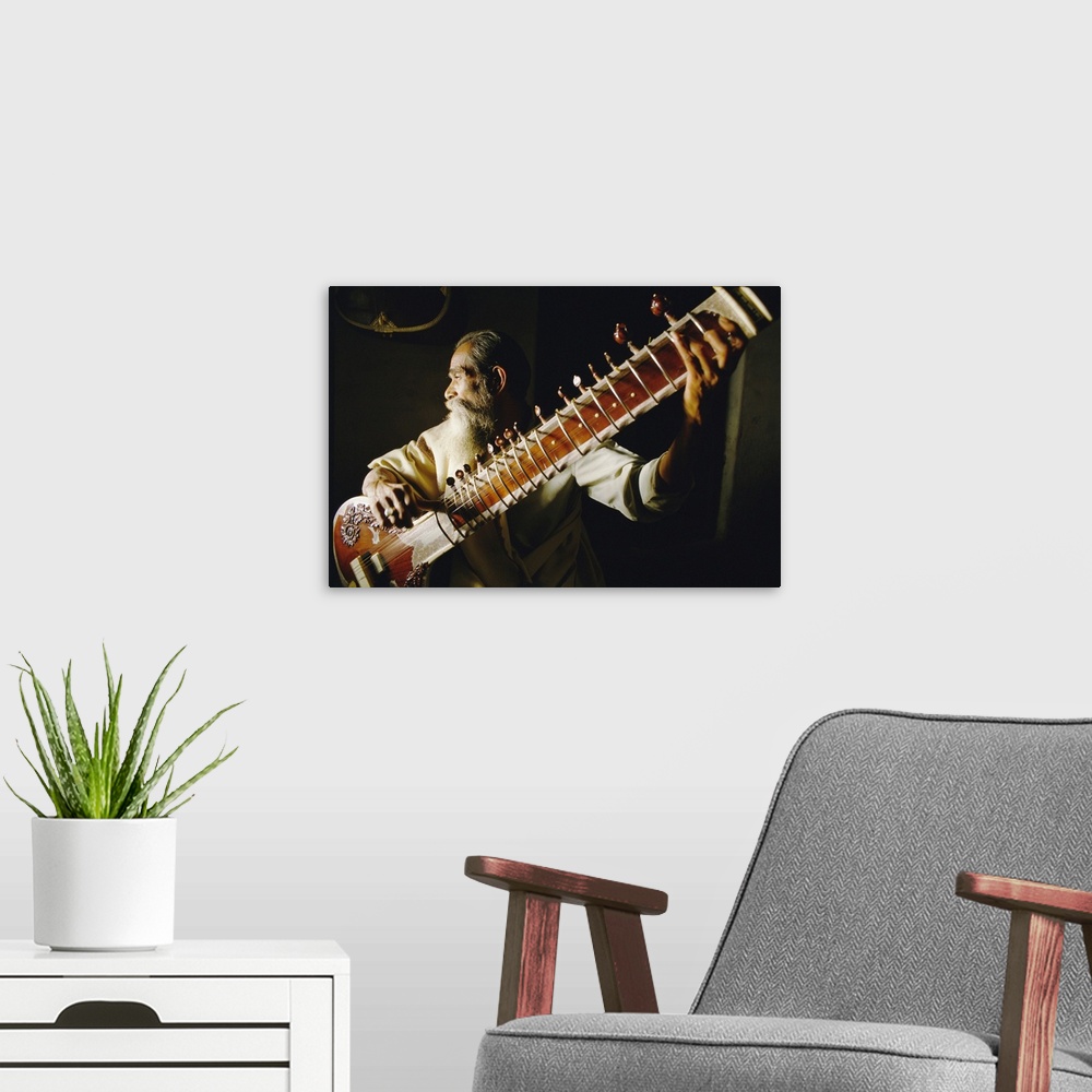 A modern room featuring Portrait of an elderly man playing the sitar, India